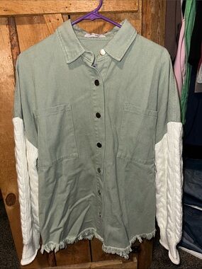 Light Sage Green Button-Front Jacket with White Cable Knit Sleeves